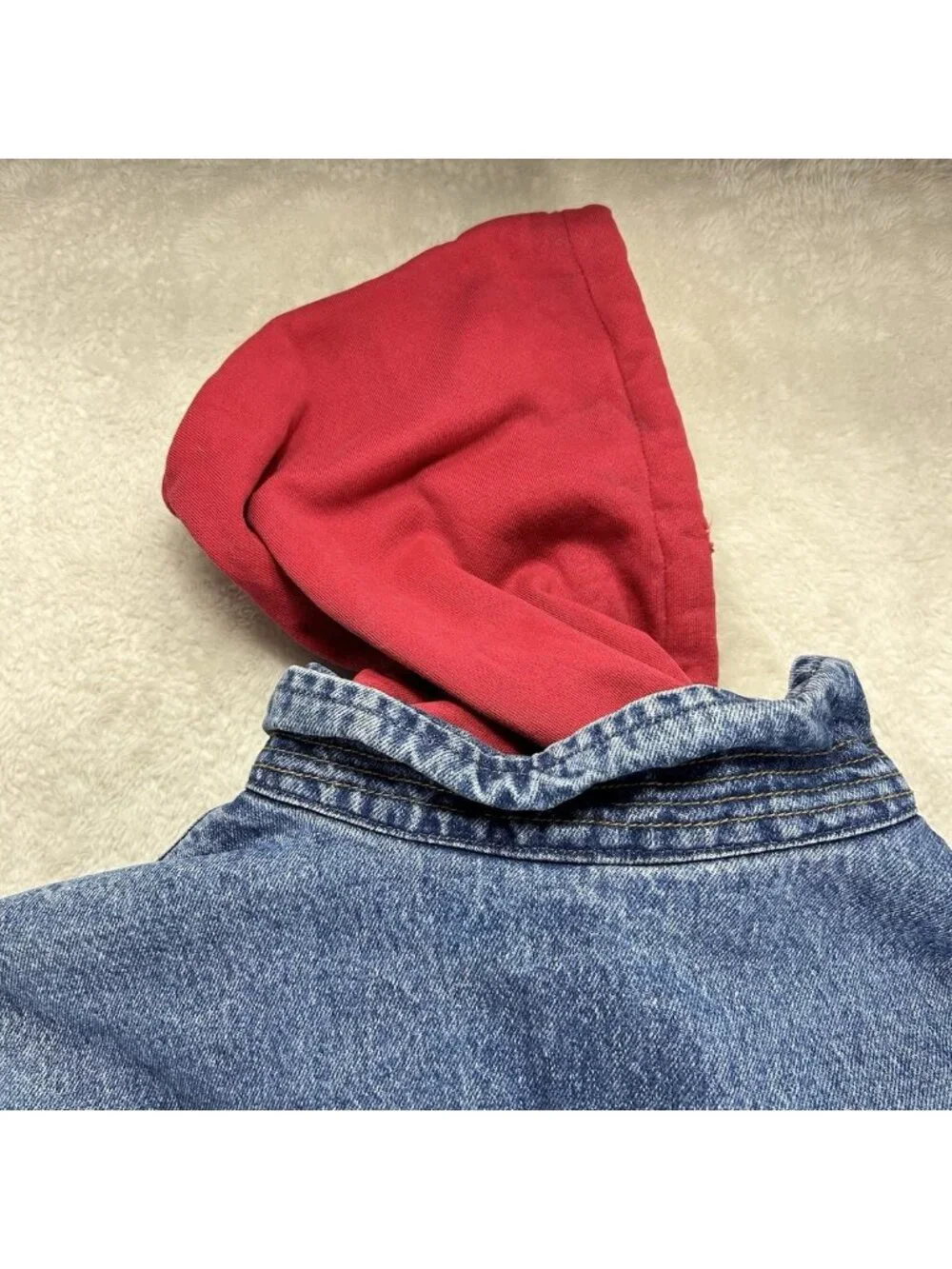 GAP Denim Jean Jacket Vintage 90s Red Hoodie Trucker Western Blue “Read”
